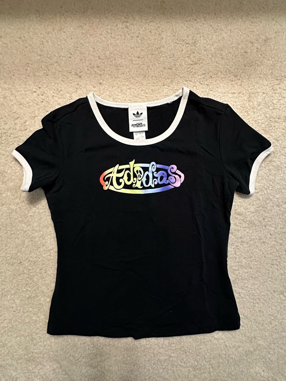 adidas Black Short-Sleeve Tee with Rainbow Script Logo and White Trim